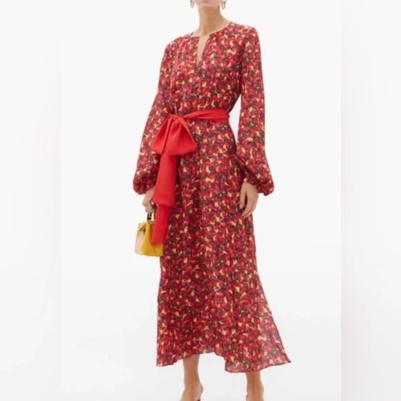 Saloni 100% Silk Red Yellow Floral Print Maxi Dress *No Sash* US Size 2 - Picture 1 of 8
